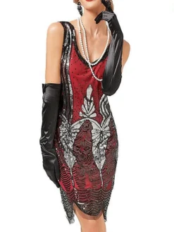 Women's Retro 1920s Sequin Dress Midi Dress Party Halloween Sequins Patchwork Leaf Deep U Sleeveless Regular Fit Spring Fall 2023 Pink Red XS S M L -HANs Plus Size Style Shop puhgmf1692948626459