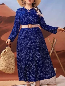 Women's Plus Size Work Dress Swing Dress Semi Formal Dress Fashion Long Dress Maxi Dress Print V Neck Long Sleeve Polka Dot Loose Fit Navy Blue Fall Winter L XL XXL 3XL 4XL -HANs Plus Size Style Shop puhpbc1693300609136