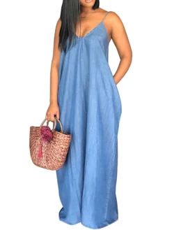 Women's Denim Dress Casual Dress Shift Dress Maxi Long Dress Denim Fashion Casual Outdoor Daily Spaghetti Strap Backless Pocket Sleeveless Summer Spring 2023 Regular Fit Blue Plain S M L XL 2XL -HANs Plus Size Style Shop puhqus1677834853961