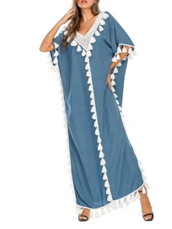 Women's Long Dress Maxi Dress Casual Dress Swing Dress Kaftan Dress Print Fashion Streetwear Outdoor Daily Vacation Tassel Fringe Patchwork Short Sleeve V Neck Dress Loose Fit Black White Light Purple -HANs Plus Size Style Shop pukgrx1676277793690