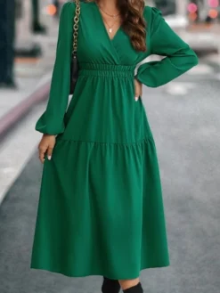 Women's Swing Dress Plain Dress Empire Waist Dresses Long Dress Maxi Dress Ruched Outdoor Street Daily Active Fashion V Neck Long Sleeve 2023 Regular Fit Blue Green Color S M L XL Size