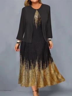 Women's Plus Size Curve Casual Dress Dress Set Two Piece Dress Geometric Gradient Midi Dress Long Sleeve Print Crew Neck Fashion Outdoor Blue Gold Fall Winter L XL XXL 3XL 4XL -HANs Plus Size Style Shop pumozs1695362837710