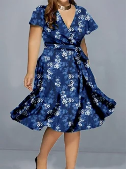Women‘s Plus Size Curve Casual Dress A Line Dress Floral Midi Dress Short Sleeve Print V Neck Elegant Daily Black White Summer Spring L XL XXL 3XL 4XL -HANs Plus Size Style Shop puqaqq1677828589416