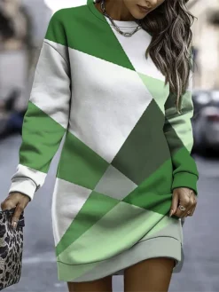 Women's Casual Dress Sweatshirt Dress Winter Dress Geometric Color Block Print Crew Neck Mini Dress Fashion Streetwear Outdoor Daily Long Sleeve Loose Fit Pink Blue Green Fall Winter S M L XL XXL -HANs Plus Size Style Shop purnev1694074409374