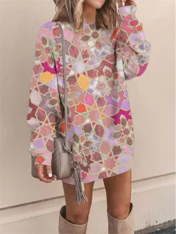 Women's Casual Dress Sweatshirt Dress Shift Dress Geometric Color Block Print Crew Neck Mini Dress Fashion Streetwear Outdoor Daily Long Sleeve Loose Fit Pink Purple Green Spring Fall S M L XL XXL