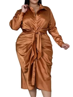 Women‘s Plus Size Curve Flattering Dresses Elegant Apple Shaped Dress Wedding Guest Work Dress Pure Color Shirt Collar Long Sleeve Fall Winter Work Midi Dress Going Out Work Dress Shirt Dress -HANs Plus Size Style Shop pvkdbz1663665117879