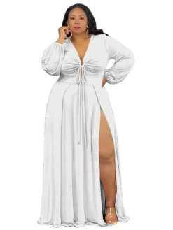 Women‘s Plus Size Curve Easter Dress V Neck Vacation Dress Solid Color Long Sleeve Winter Fall Stylish Casual Maxi Dress Holiday Date Dress Black Dress -HANs Plus Size Style Shop pvtnwp1639623162612