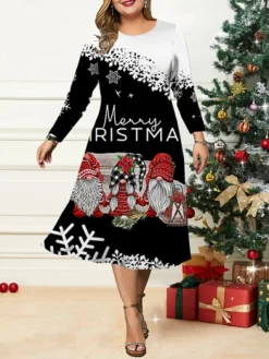 Women's Christmas Plus Size Curve Casual Dress Skater Dress A Line Dress Santa Claus Gradient Midi Dress Long Sleeve Print Crew Neck Fashion Outdoor Black White Fall Winter L XL XXL 3XL 4XL -HANs Plus Size Style Shop pvuszc1695264754688