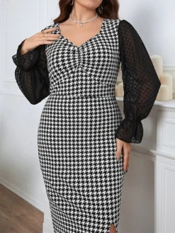 Women‘s Plus Size Curve Party Dress Cocktail Dress Bodycon Midi Dress Black Long Sleeve Print Mesh Spring Fall Winter V Neck Fashion Winter Dress Birthday Wedding Guest 2023 XL XXL 3XL 4XL -HANs Plus Size Style Shop pvvkfk1692165913001