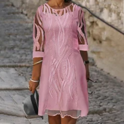 Women's Plus Size Curve Casual Dress Shift Dress Solid Color Round Neck Lace 3/4 Length Sleeve Fall Spring Dress Work Casual Daily Midi Dress -HANs Plus Size Style Shop pwvavx1647491218826