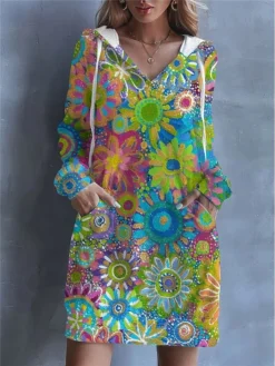 Women's Casual Dress Hoodie Dress Shift Dress Floral Pocket Drawstring Hooded Mini Dress Fashion Streetwear Outdoor Daily Long Sleeve Loose Fit Yellow Pink Green Spring Fall S M L XL XXL -HANs Plus Size Style Shop pwvlpv1692783502946