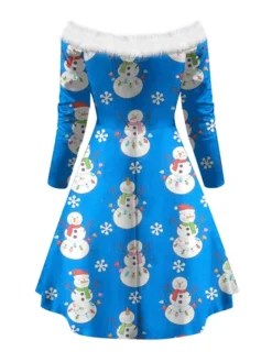 Women's Christmas Swing Dress Vintage Dress Mini Dress Green Blue Royal Blue Red White Black Long Sleeve Santa Claus Snowman Snowflake Feather Print Winter Fall Off Shoulder Stylish Elegant -HANs Plus Size Style Shop pxiuif1666597371975