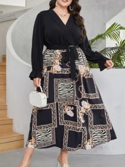 Women's Plus Size Prom Dress Party Dress Wedding Guest Dress Long Dress Maxi Dress Black Long Sleeve Floral Lace Up Fall Winter Autumn V Neck Fashion Winter Dress Evening Party Wedding Guest 2023 L -HANs Plus Size Style Shop pxwkgm1693535312400
