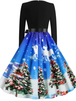 Women's Christmas Knee Length Dress Blue Purple Wine Gray Green Black Red Light Blue Long Sleeve Print Bow Print Fall Winter Round Neck Casual Vintage2021 S M L XL XXL -HANs Plus Size Style Shop pycbyg1629971942711