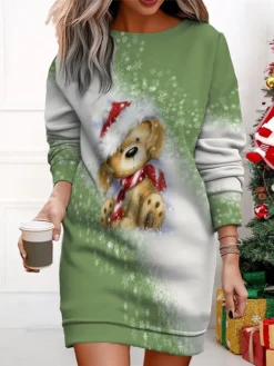 Women's Christmas Casual Dress Sweatshirt Dress Mini Dress Warm Fashion OutdoorVacation Crew Neck Print SnowmanTree Loose Fit ArmyGreen Navy Blue Purple S M L XL XXL -HANs Plus Size Style Shop pyfxqa1695365432583