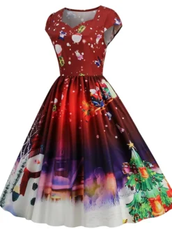 Women's Christmas Swing Dress Vintage DressKnee Length Dress Blue Wine Red Light BlueShort Sleeve Santa Claus Snowman Tree Print Fall Winter Square Neck Vintage Elegant Slim 2022 S M L XL -HANs Plus Size Style Shop pykarw1665475228446