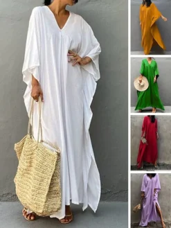Women's Cover Up Beach Dress Beach Wear Long Dress Maxi Dress Split Basic Casual Plain V Neck 3/4 Length Sleeve Loose Fit Outdoor Daily White Yellow 2023 Spring Summer One Size