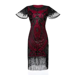 Women's Retro 1920s Fringe Dress Midi Dress Party Halloween Sequins Tassel Fringe Floral V Neck Short Sleeve Regular Fit Spring Fall 2023 Silver Black S M L XL -HANs Plus Size Style Shop pymocs1692849708532