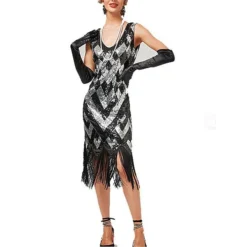 Women's Retro 1920s Fringe Dress Midi Dress Party Halloween Sequins Tassel Fringe Geometric V Neck Sleeveless Regular Fit Spring Fall 2023 Silver Black XS S M L -HANs Plus Size Style Shop pymxws1692849305369