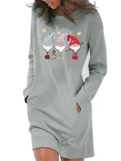 Women's Christmas Hoodie Dress Winter Dress Light Blue Grey White Long Sleeve Santa Claus Pocket Print Winter Fall Crew Neck Stylish Casual Loose Fit 2022 S M L XL 2XL / Cotton -HANs Plus Size Style Shop pynrmw1666762296465