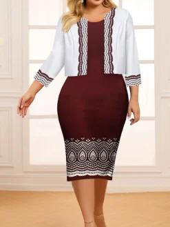Women‘s Plus Size Curve Two Piece Dress Set Casual Dress Sheath Dress Outdoor Office Fashion Streetwear Print Midi Dress Crew Neck 3/4 Length Sleeve Color Block Geometic Regular Fit Wine Navy Blue -HANs Plus Size Style Shop pyouvj1691490590756