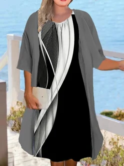 Women‘s Plus Size Curve Casual Dress Graphic Floral Midi Dress Half Sleeve Print Crew Neck Fashion Daily Black White Summer Spring L XL XXL 3XL 4XL