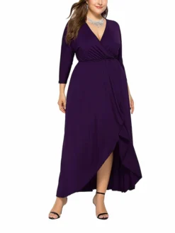 Women's Plus Size Work Dress Black Dress A Line Dress Fashion Long Dress Maxi Dress Ruched V Neck Long Sleeve Plain Loose Fit Black Wine Dark Green Fall XL XXL 3XL 4XL -HANs Plus Size Style Shop pyxzmf1693203511428