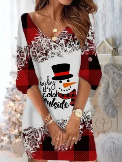 Women‘s Christmas Sweatshirt Dress Winter Dress Short Mini Dress Blue Black 3/4 Length Sleeve Santa Claus Snowman Snowflake Print Fall Winter V Neck Vacation Casual Loose Fit 2022 S M L XL XXL 3XL -HANs Plus Size Style Shop pzbbbo1668664495609