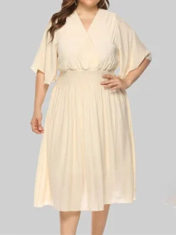 Women‘s Plus Size Curve Party Dress Wedding Guest Dress Swing Dress Midi Dress Black Beige Half Sleeve Pure Color Pleated Summer Spring Fall V Neck Party Birthday Wedding Guest Vacation 2023