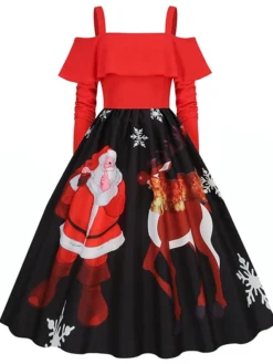 Women's Christmas Swing Dress Slip Dress Vintage Dress Midi Dress Black Wine Light Red Long Sleeve Santa Claus Cold Shoulder Winter Fall Autumn Spaghetti Strap Modern Vacation 2022 S M L XL XXL 3XL -HANs Plus Size Style Shop pzjrtj1667793476290