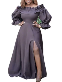 Women‘s Plus Size Curve Party Dress Solid Color Off Shoulder Split Long Sleeve Winter Fall Casual Prom Dress Maxi Long Dress Party Vacation Dress -HANs Plus Size Style Shop pzosww1631787795504
