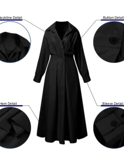 Women's Shirt Dress Casual Dress Swing Dress Maxi Long Dress Outdoor Office Holiday Polyester Basic Modern Shirt Collar Ruched Pocket Long Sleeve Summer Spring Fall 2023 Regular Fit Black Army Green -HANs Plus Size Style Shop pzwgbn1679036636777