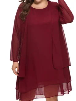 Women‘s Plus Size Curve Casual Dress Solid Color Crew Neck Mesh Long Sleeve Spring Fall Casual Knee Length Dress Daily Vacation Dress -HANs Plus Size Style Shop qanwky1652432918203