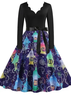 Women's Christmas Swing Dress Vintage Dress Midi Dress Green Blue Purple Long Sleeve Santa Claus Bow Winter Fall Autumn V Neck Fashion Daily Date 2022 S M L XL XXL 3XL