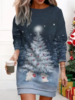 Women's Christmas Casual Dress Sweatshirt Dress Mini Dress Warm Fashion OutdoorVacation Crew Neck Print SnowmanTree Loose Fit ArmyGreen Navy Blue Purple S M L XL XXL
