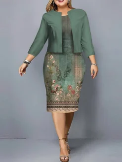 Women's Plus Size Curve Casual Dress Dress Set Two Piece Dress Floral Geometric Midi Dress Long Sleeve Print Crew Neck Fashion Outdoor Light Green Blue Fall Winter L XL XXL 3XL 4XL -HANs Plus Size Style Shop qbeyad1695808192258