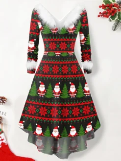 Women's Christmas Swing Dress Vintage Dress Midi Dress Green Silver Wine Red Brown White Long Sleeve Print Plus High Low Print Winter Fall V Neck Vintage Romantic Traditional 2022 S M L XL 2XL -HANs Plus Size Style Shop qbgcsb1668153969401