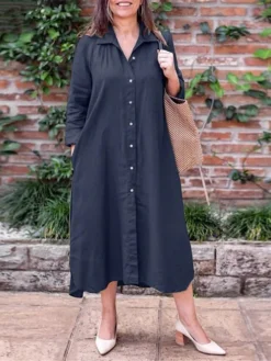 Women's Plus Size Curve Shirt Dress Casual Dress Solid Color Long Dress Maxi Dress Long Sleeve Button Pocket Shirt Collar Basic Outdoor ArmyGreen Navy Blue Fall Winter L XL XXL 3XL 4XL -HANs Plus Size Style Shop qbirrn1693533335594