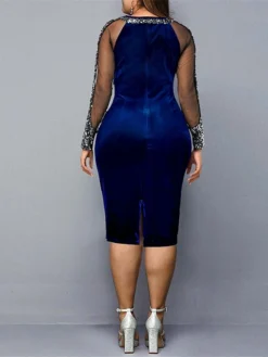 Women‘s Plus Size Curve Work Dress Sheath Dress Solid Color Midi Dress Long Sleeve Mesh Patchwork Crew Neck Fashion Outdoor Black Blue Spring Summer XL XXL 3XL 4XL 5XL -HANs Plus Size Style Shop qbnbyp1672801022196