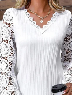 Women's Casual Dress Lace Dress White Dress Midi Dress Lace Ruched Outdoor Street Daily Active Fashion V Neck Long Sleeve 2023 Regular Fit White Color S M L XL XXL Size -HANs Plus Size Style Shop qbpwgk1692959420004