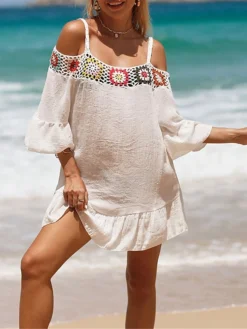 Women's Cover Up Beach Dress Beach Wear Mini Dress Ruffle Backless Ethnic Casual Floral Spaghetti Strap 3/4 Length Sleeve Loose Fit Outdoor Daily Black White 2023 Spring Summer One Size -HANs Plus Size Style Shop qbqypp1672903078373