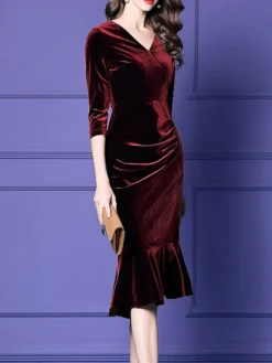 Women's Plus Size Curve Party Dress Velvet Dress Winter Dress Solid Color Midi Dress Long Sleeve Ruched V Neck Fashion Party Black Wine Fall Winter L XL XXL 3XL 4XL -HANs Plus Size Style Shop qbxbof1694576156317