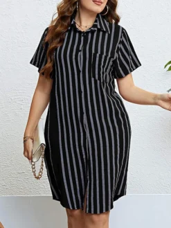 Women‘s Plus Size Curve Shirt Dress Casual Dress Shift Dress Midi Dress Outdoor Daily Vacation Polyester Fashion Modern Shirt Collar Button Pocket Short Sleeve Summer Spring 2023 Regular Fit -HANs Plus Size Style Shop qbxekx1691465817835