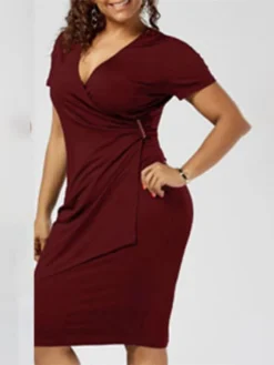 Women‘s Plus Size Curve Work Dress Solid Color V Neck Ruched Short Sleeve Summer Spring Work Knee Length Dress Work Vacation Dress -HANs Plus Size Style Shop qcffxk1659091100638