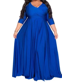 Women‘s Plus Size Curve Party Dress Solid Color V Neck Ruched Long Sleeve Winter Fall Stylish Elegant Maxi Long Dress Formal Party Dress -HANs Plus Size Style Shop qchiax1661850484085