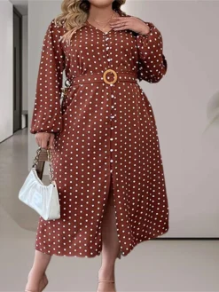Women's Plus Size Curve Casual Dress Winter Dress Sheath Dress Polka Dot Midi Dress Long Sleeve Lace Up Ruched V Neck Fashion Outdoor Brown Fall Winter L XL XXL 3XL 4XL -HANs Plus Size Style Shop qcpkqn1695025003733