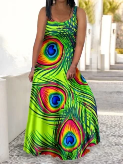 Women‘s Plus Size Curve Casual Dress Swing Dress Strap Dress Peacock Feather Long Dress Maxi Dress Sleeveless Print Strap Romantic Daily Deep Green Multicolor Summer Spring L XL XXL 3XL 4XL -HANs Plus Size Style Shop qcpydz1679902276218