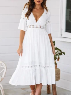 Women's Casual Dress Swing Dress Summer Dress Plain Ruffle V Neck Midi Dress Basic Fashion Outdoor Daily Half Sleeve Loose Fit White Spring Summer S M L XL -HANs Plus Size Style Shop qcsggf1673432782445
