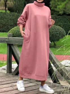Women‘s Plus Size Curve Sweatshirt Dress Solid Color Stand Collar Long Sleeve Winter Fall Casual Classic Maxi Long Dress Daily Vacation Dress -HANs Plus Size Style Shop qdfbmn1668235021203
