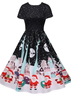 Women's Christmas Knee Length Dress Green Black Red Short Sleeve Print Print Fall Winter Round Neck Casual Vintage2021 S M L XL XXL -HANs Plus Size Style Shop qdgvpf1629971725269